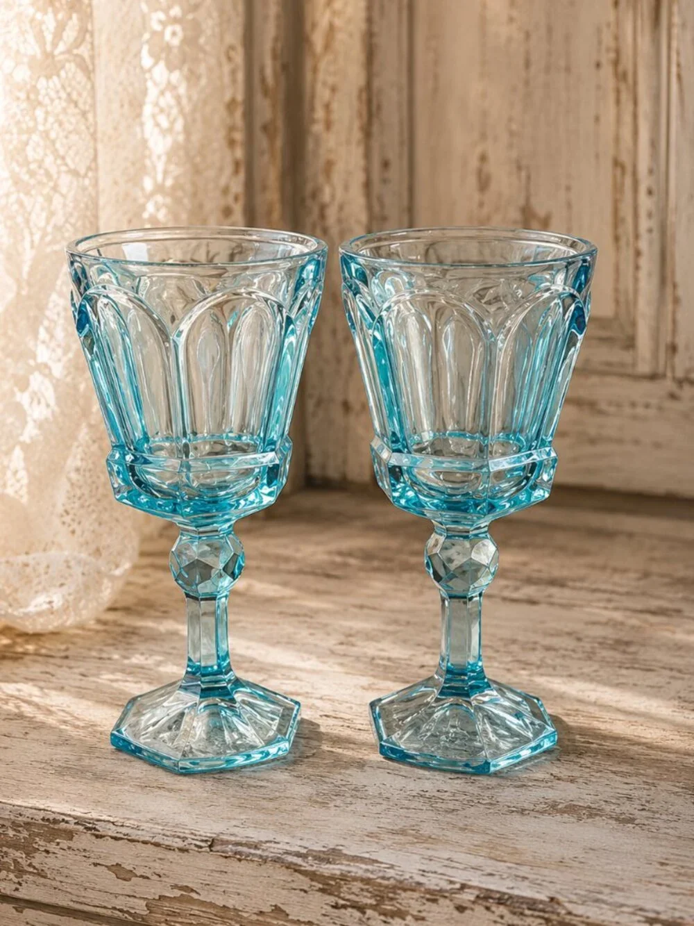 Set of 2 Vintage Fostoria Virginia Footed Glasses Light Blue